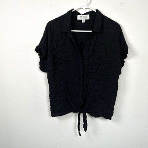 Cloth & Stone Anthropologie Black Crinkled Button Up Tie Front Top Blouse Sz XL